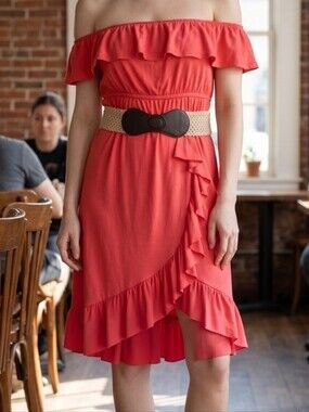 Orange Red Ruffle High Low Strapless Dress  Braid Belt Medium Junior Chic Casual
